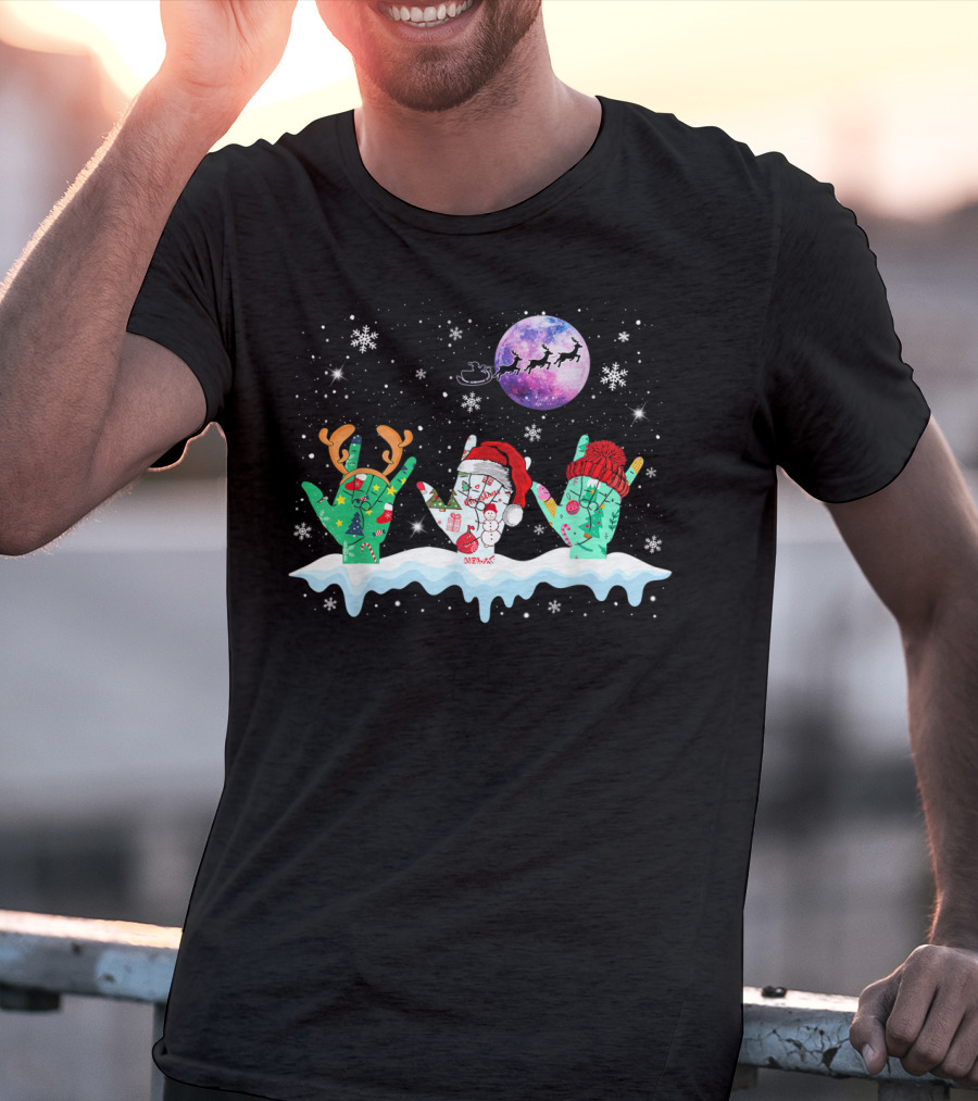 Sign Language Christmas Reindeer Santa Moon Snowflakes T-Shirt