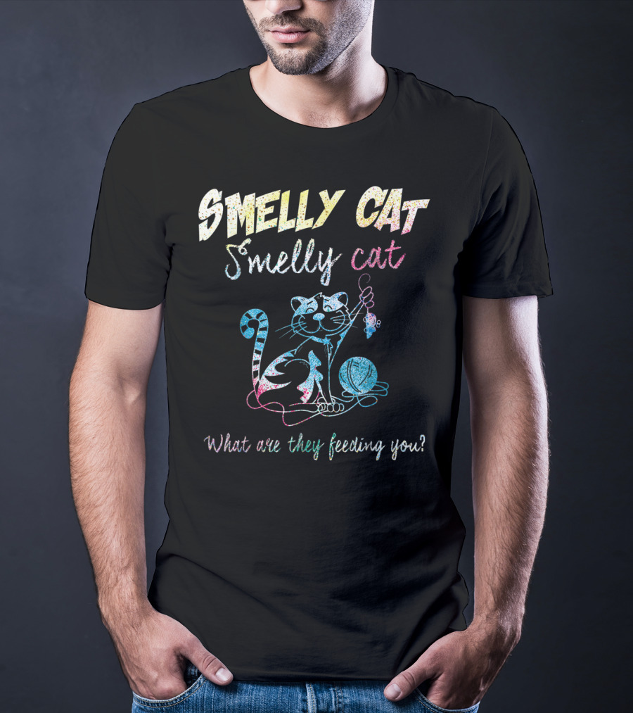 Smelly Cat Smelly Cat What Are They Feeding You Colorful Cat And Yarn T-Shirt