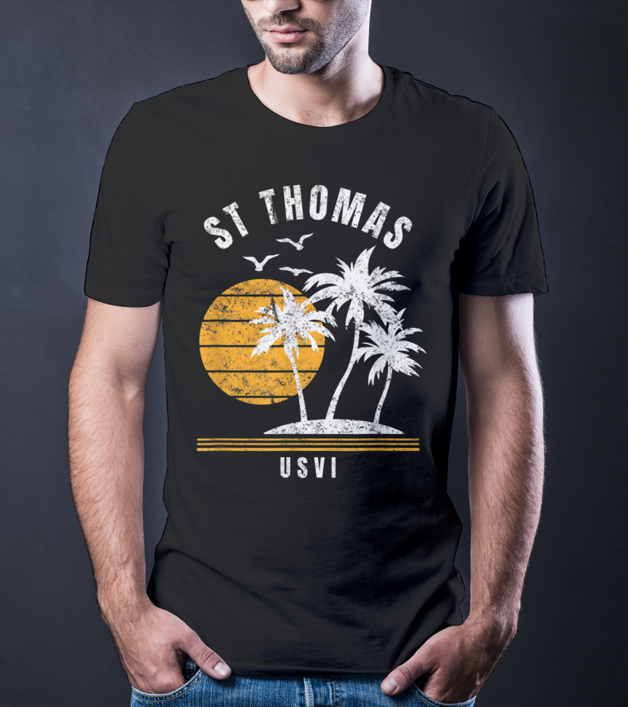 St Thomas USVI Caribbean Sunset With Palm Trees And Birds T-Shirt
