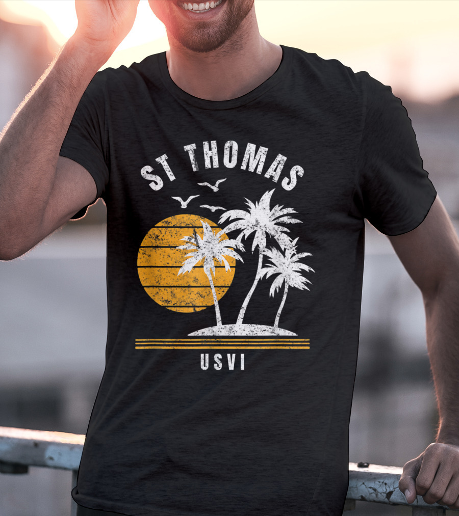 St Thomas USVI Caribbean Sunset With Palm Trees And Birds T-Shirt