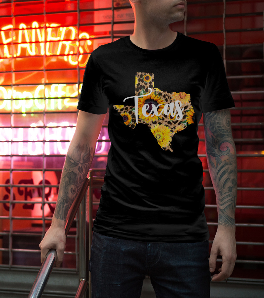 Texas Sunflower Leopard Print Wildflower State Map T-Shirt