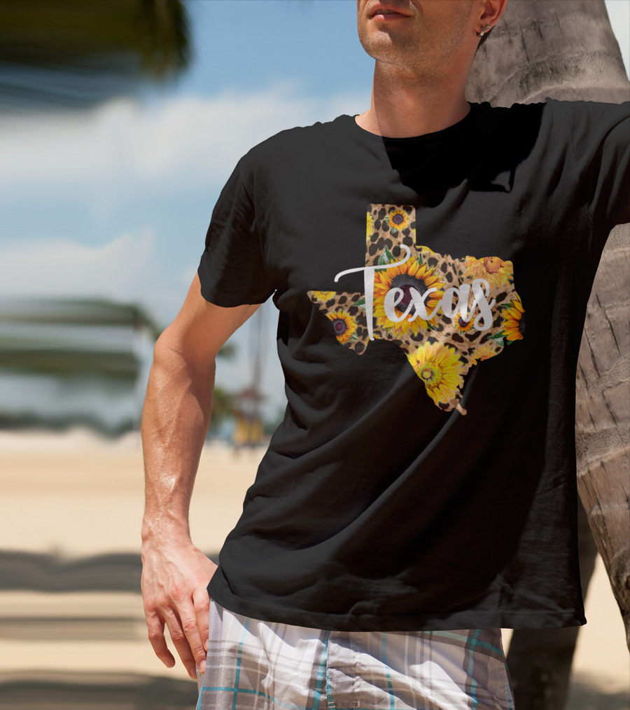 Texas Sunflower Leopard Print Wildflower State Map T-Shirt
