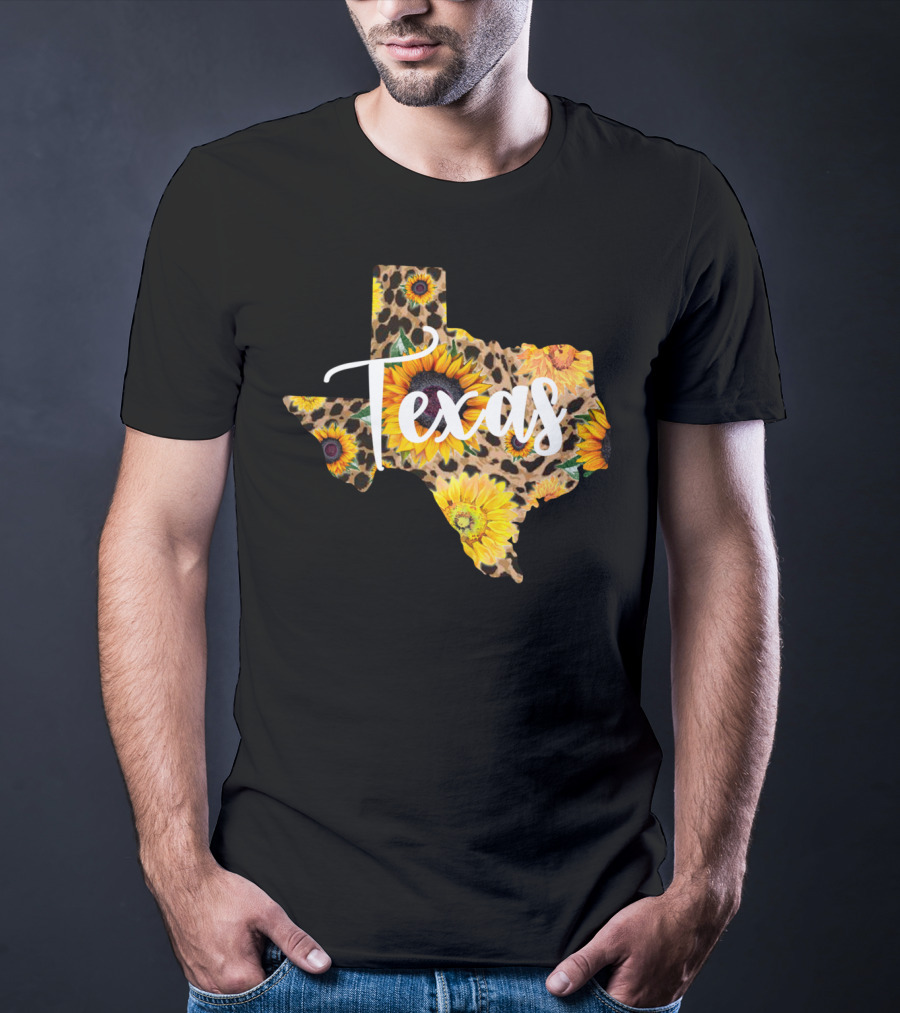 Texas Sunflower Leopard Print Wildflower State Map T-Shirt