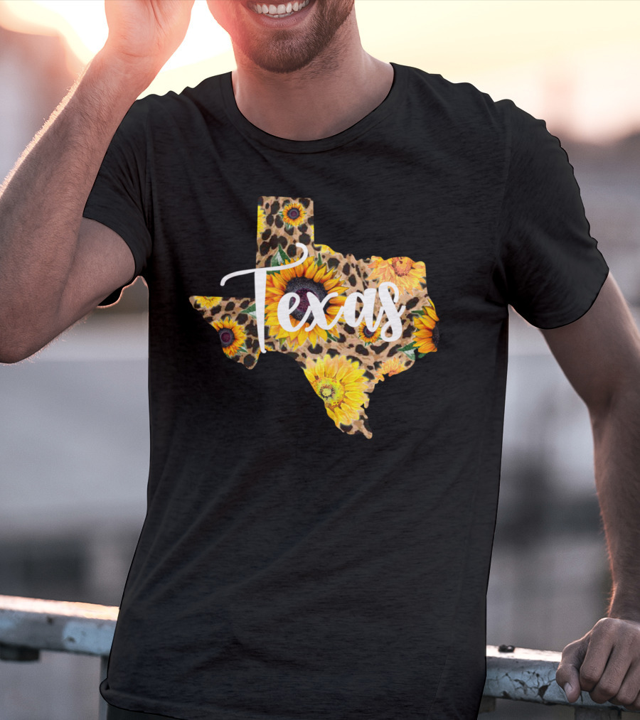 Texas Sunflower Leopard Print Wildflower State Map T-Shirt