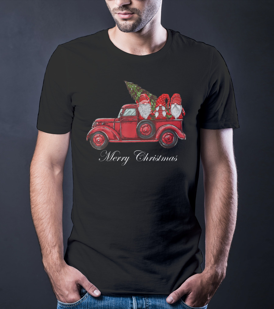 Three Gnomes In Red Truck With Merry Christmas Wishes T-Shirt