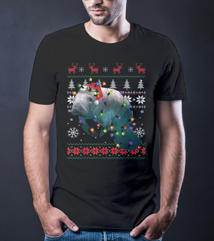 Ugly Christmas Manatee Santa Funny Mana Lover Holiday Lights T-Shirt