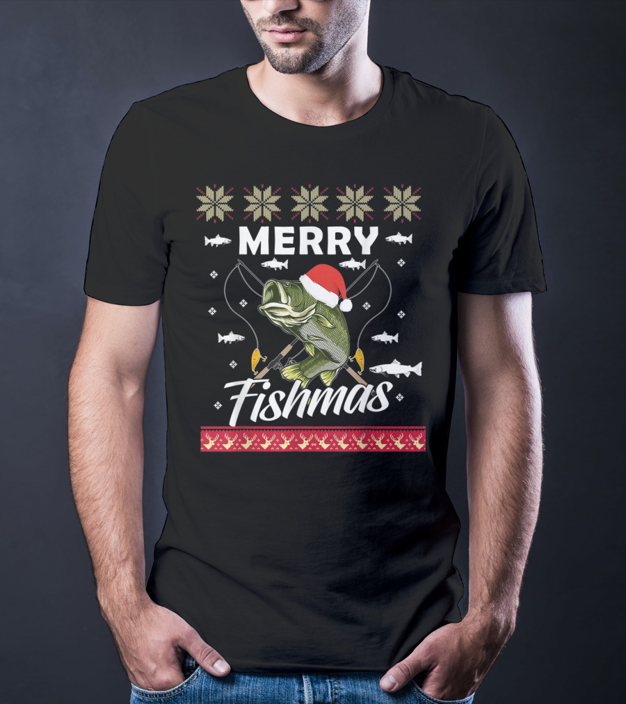 Ugly Christmas Sweater Merry Fishmas Fishing Fisherman Holiday T-Shirt