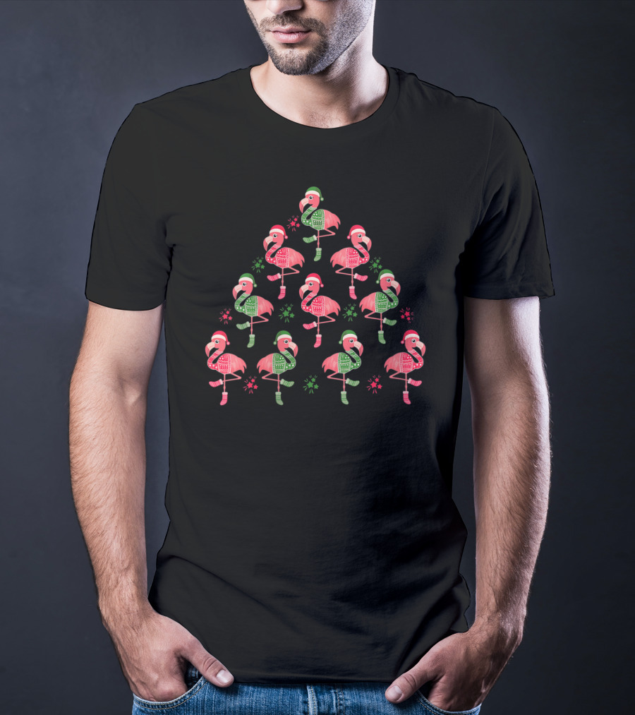 Flamingo Christmas Tree With Santa Hats And Holiday Sweaters T-Shirt