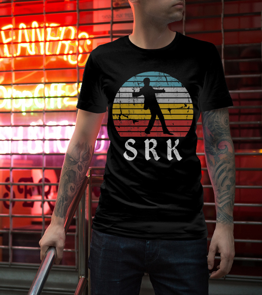 SRK Pose With Retro India Silhouette And Stripes T-Shirt