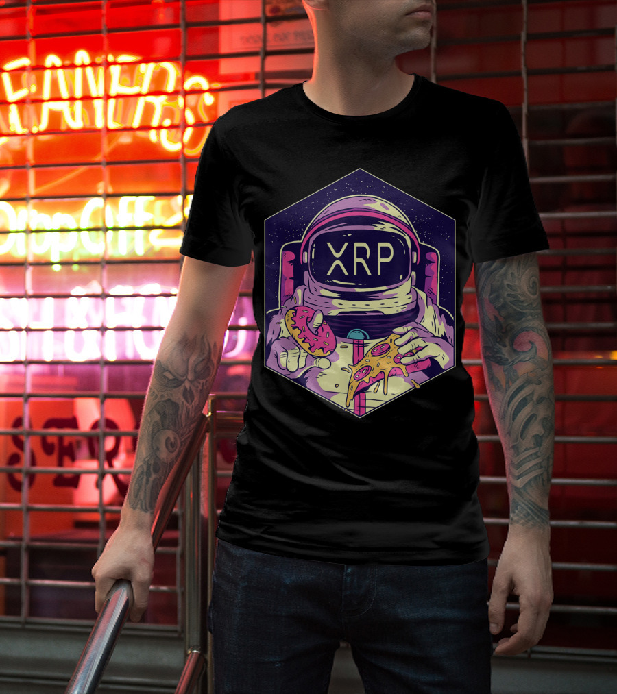 XRP Symbol Astronaut Eating Pizza And Donut Crypto Currency To The Moon T-Shirt