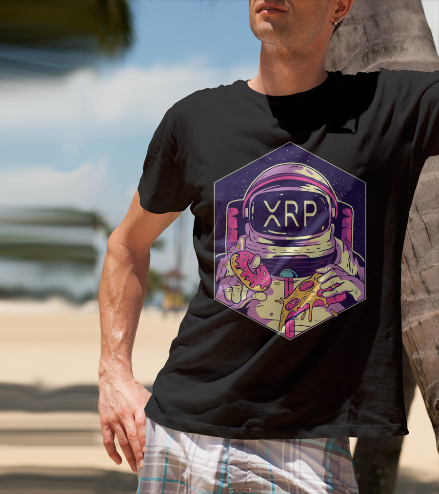 XRP Symbol Astronaut Eating Pizza And Donut Crypto Currency To The Moon T-Shirt