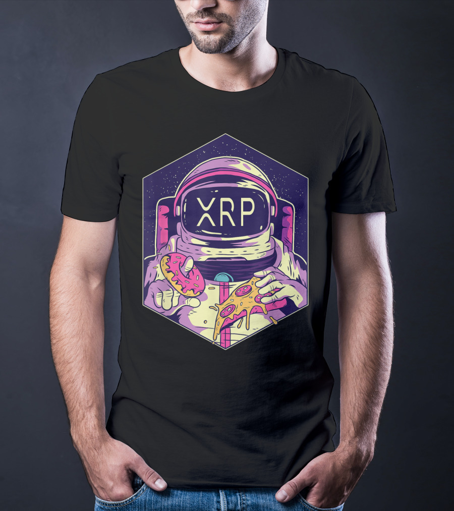 XRP Symbol Astronaut Eating Pizza And Donut Crypto Currency To The Moon T-Shirt