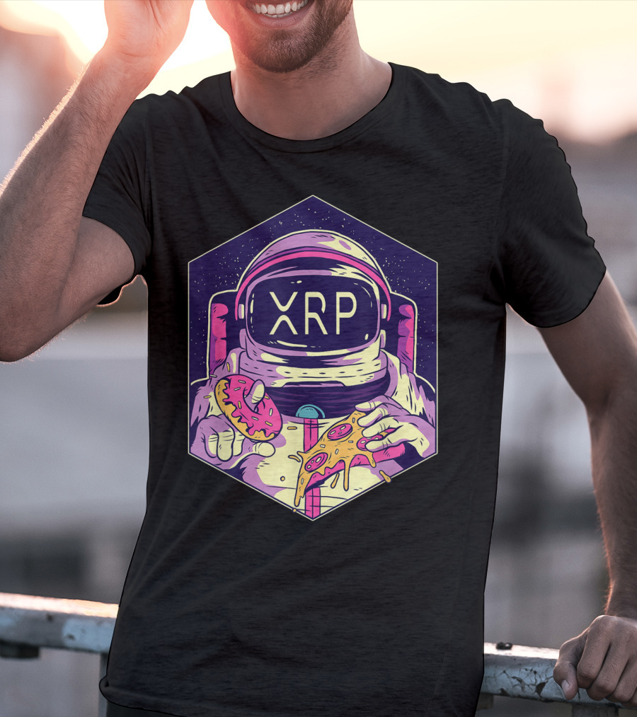 XRP Symbol Astronaut Eating Pizza And Donut Crypto Currency To The Moon T-Shirt