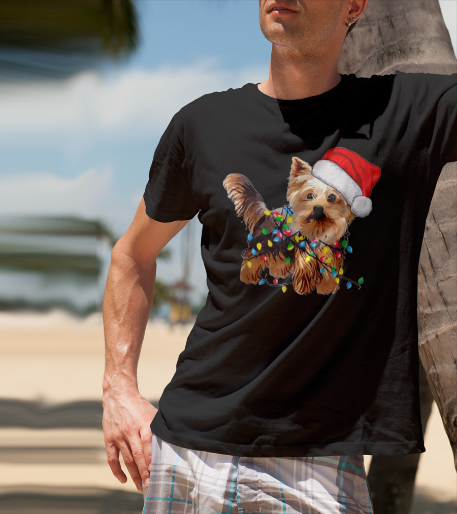 Yorkie Christmas Lights Santa Hat T-Shirt