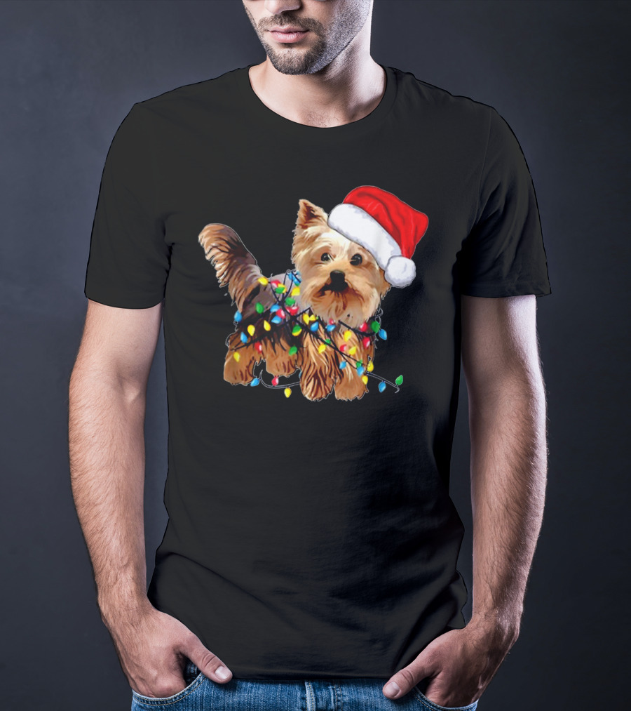 Yorkie Christmas Lights Santa Hat T-Shirt