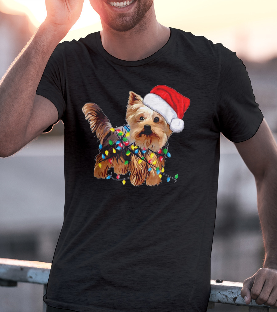 Yorkie Christmas Lights Santa Hat T-Shirt