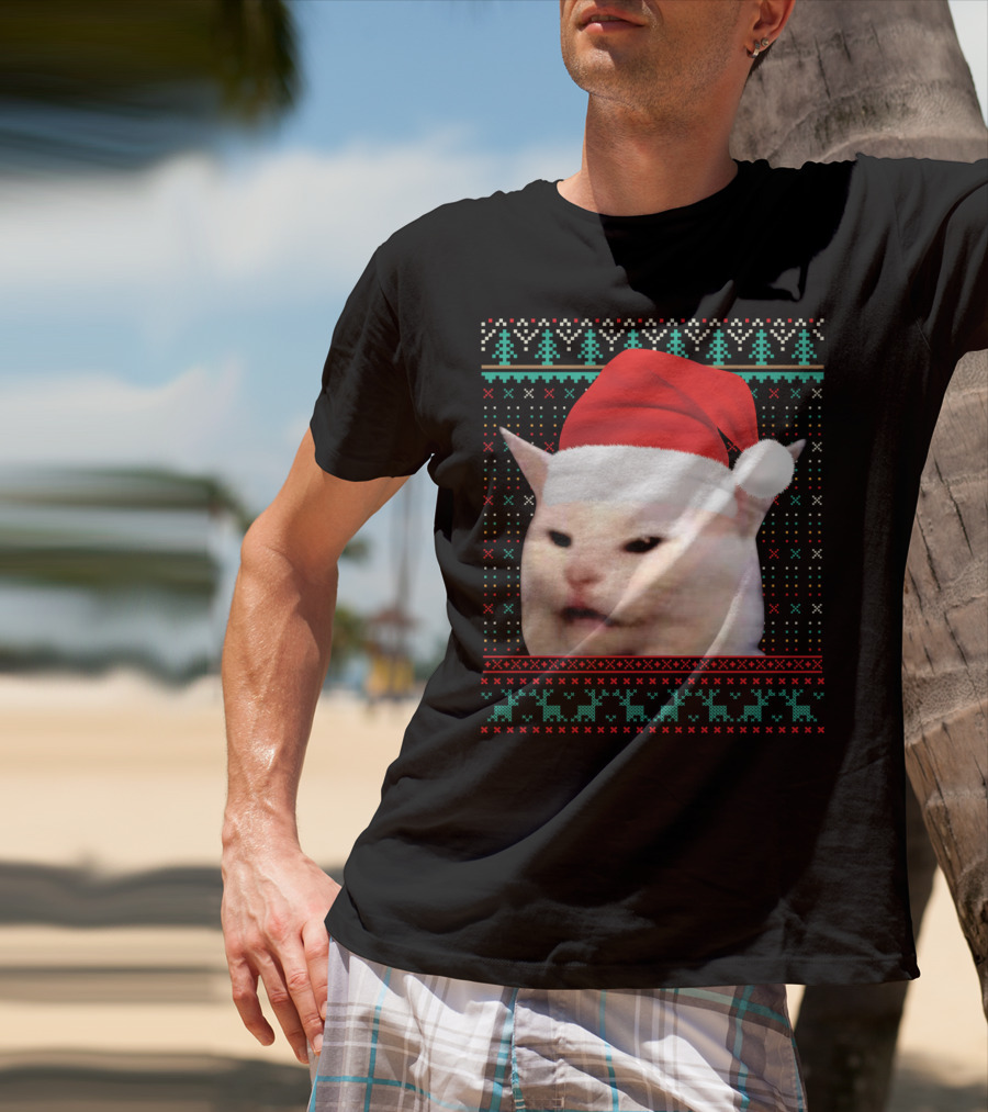 Cat Ugly Santa Hat Christmas Sweater Meme T-Shirt