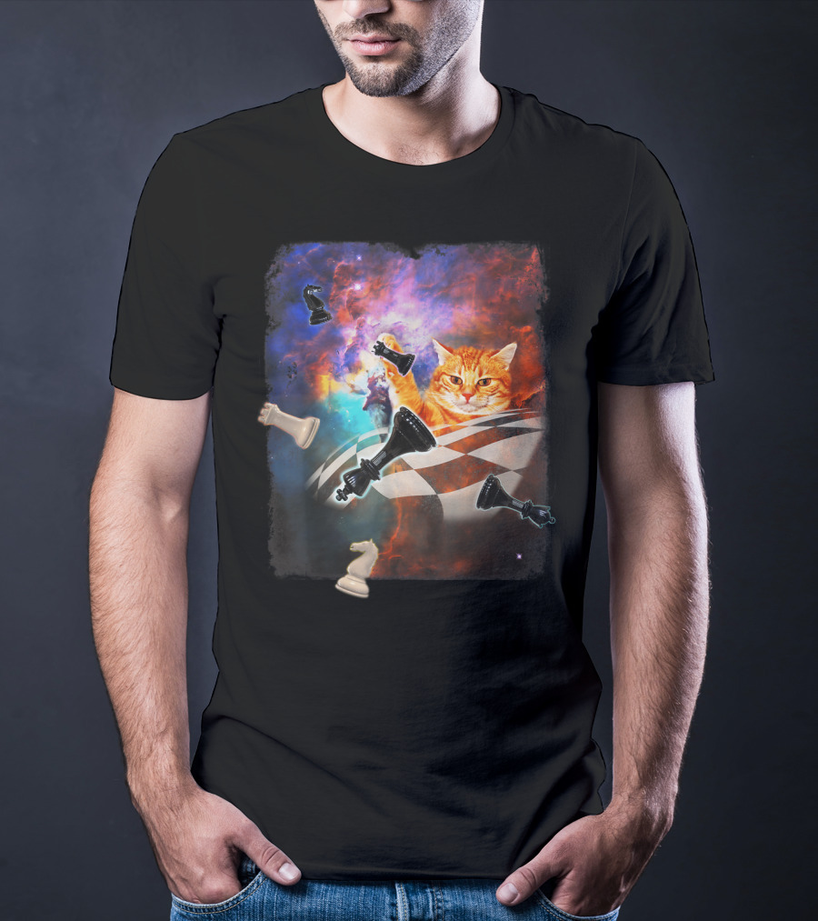 Chess Cat Floating Between Stars And Nebula With Chess Pieces T-Shirt