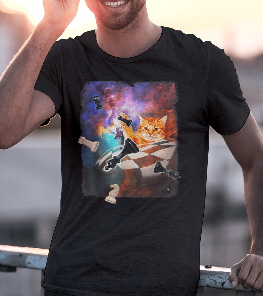 Chess Cat Floating Between Stars And Nebula With Chess Pieces T-Shirt