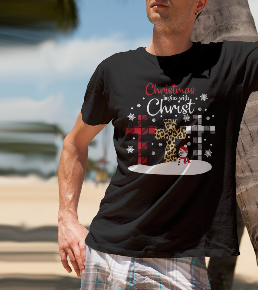 Christmas Begins With Christ Snowman And Patterned Crosses T-Shirt