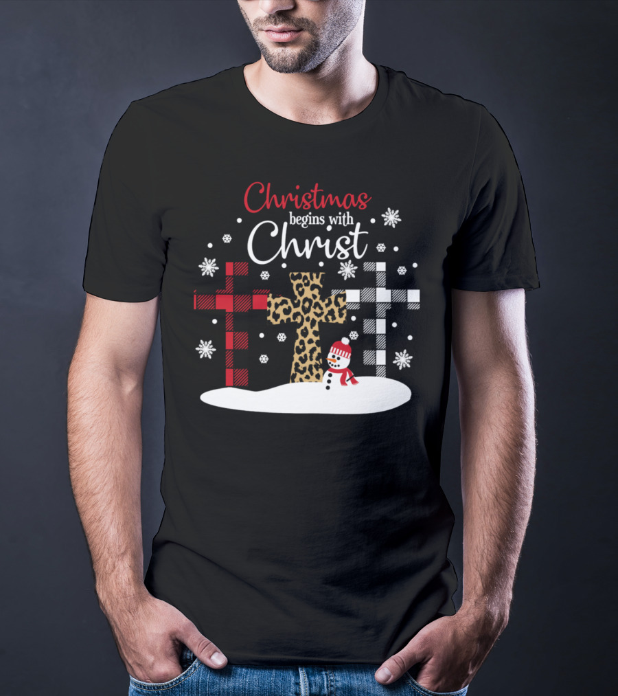 Christmas Begins With Christ Snowman And Patterned Crosses T-Shirt