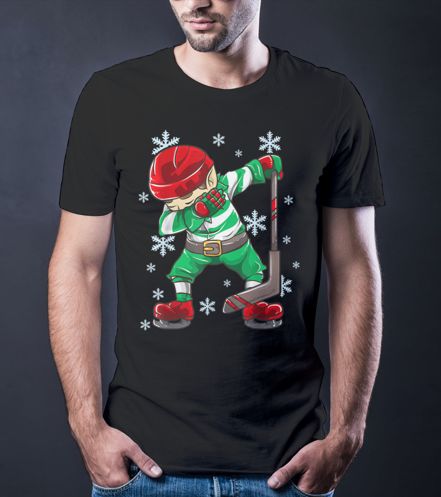 Christmas Elf Dabbing Ice Hockey Snowflake Squad T-Shirt