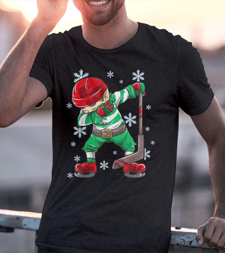 Christmas Elf Dabbing Ice Hockey Snowflake Squad T-Shirt