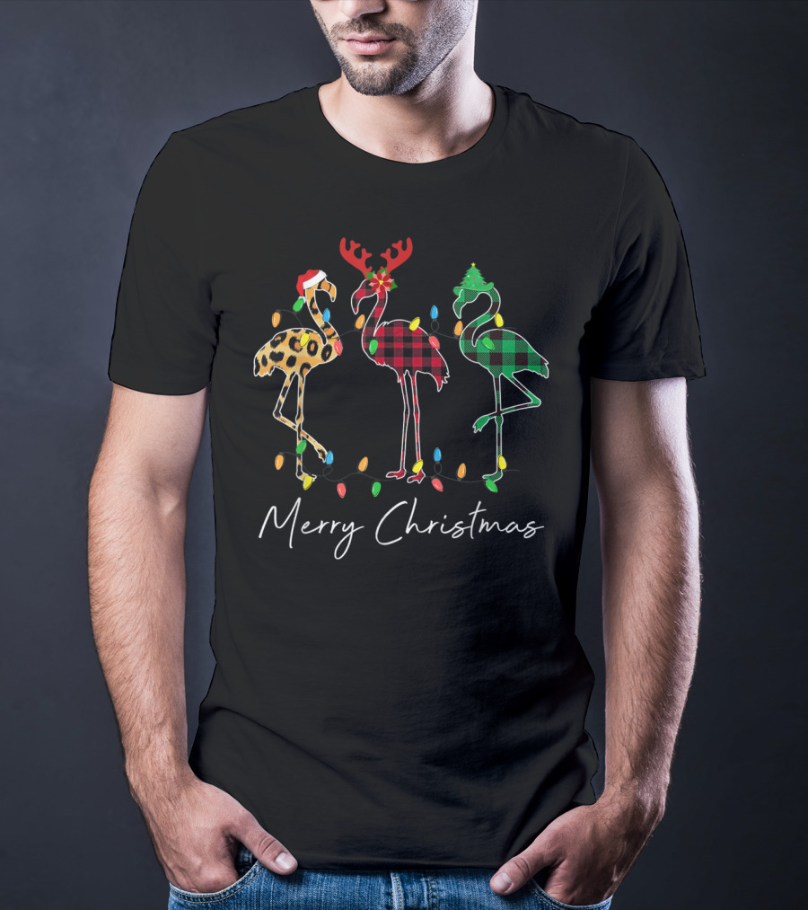 Merry Christmas Flamingo Santa Hat Reindeer Horns Xmas Light T-Shirt