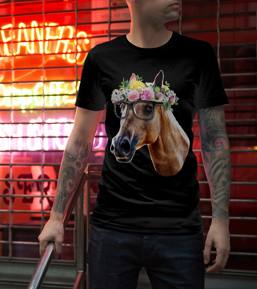 Floral Horse With Glasses Equestrian Farm Riding T-Shirt
