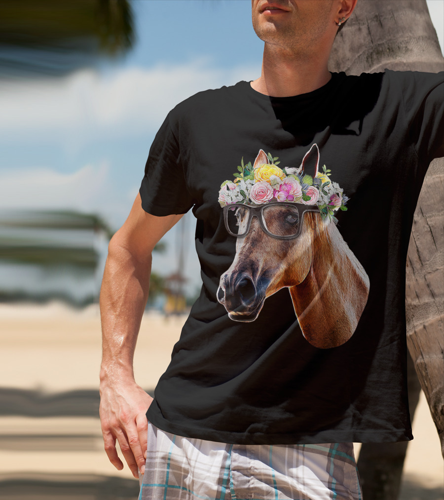 Floral Horse With Glasses Equestrian Farm Riding T-Shirt