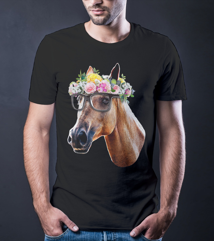 Floral Horse With Glasses Equestrian Farm Riding T-Shirt