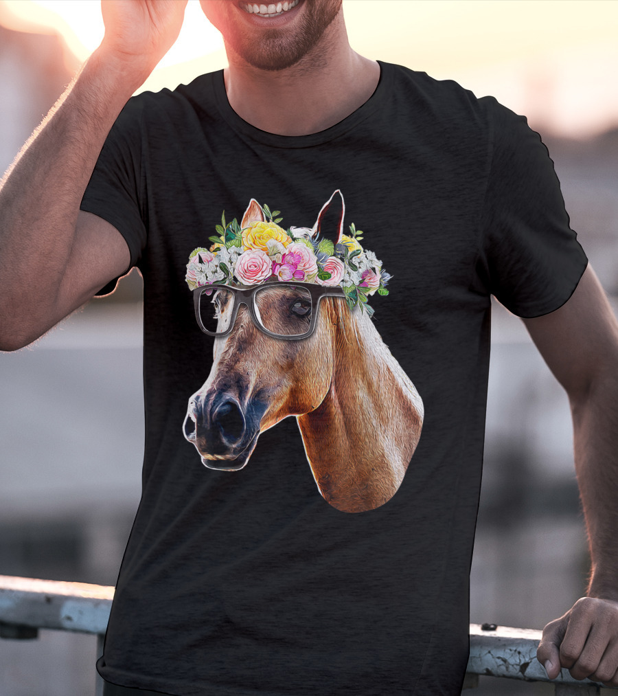 Floral Horse With Glasses Equestrian Farm Riding T-Shirt