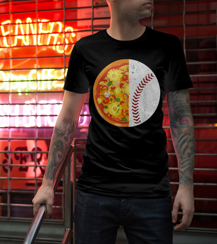 Funny Baseball Lover Eat Pizza Half Sport Pizza Baseball T-Shirt