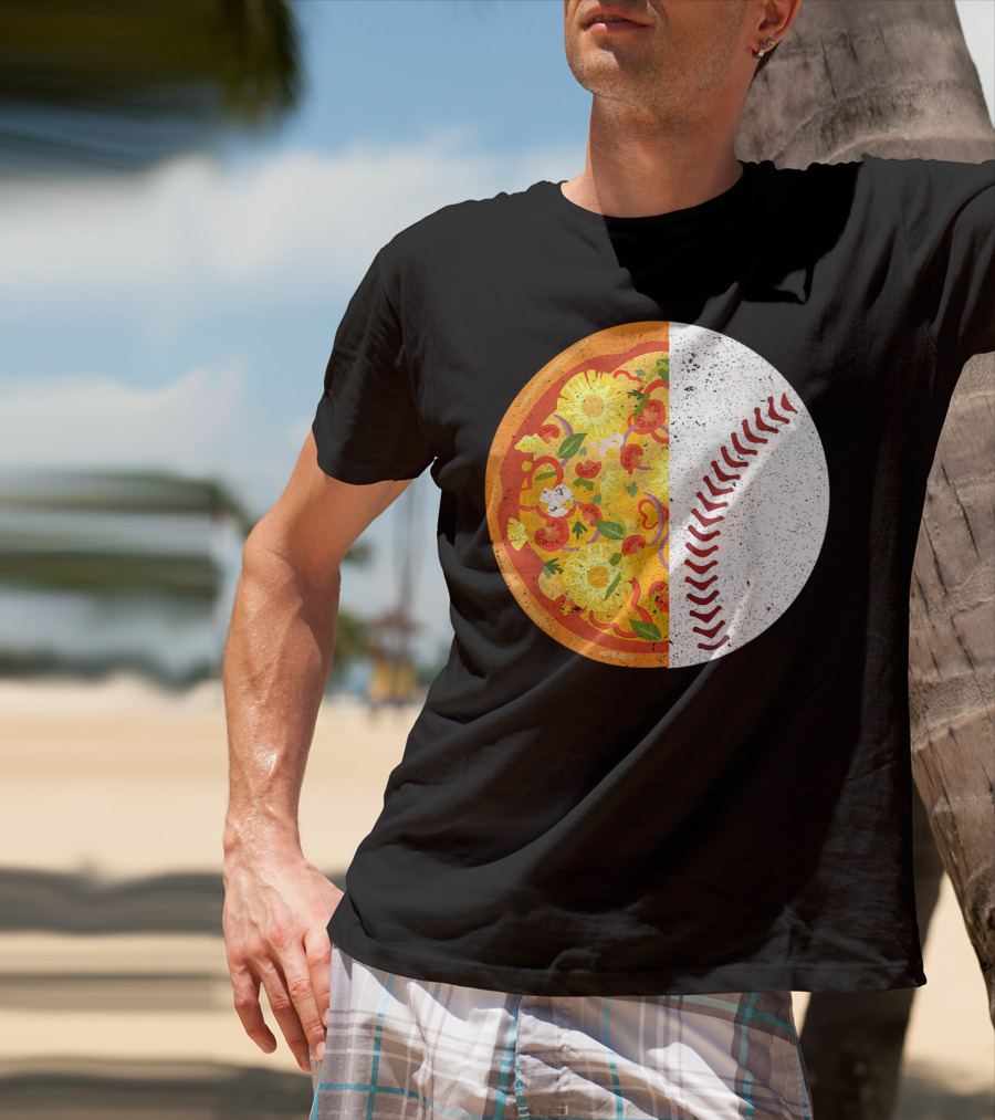 Funny Baseball Lover Eat Pizza Half Sport Pizza Baseball T-Shirt