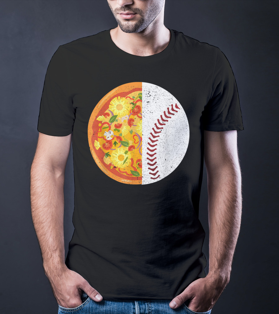 Funny Baseball Lover Eat Pizza Half Sport Pizza Baseball T-Shirt