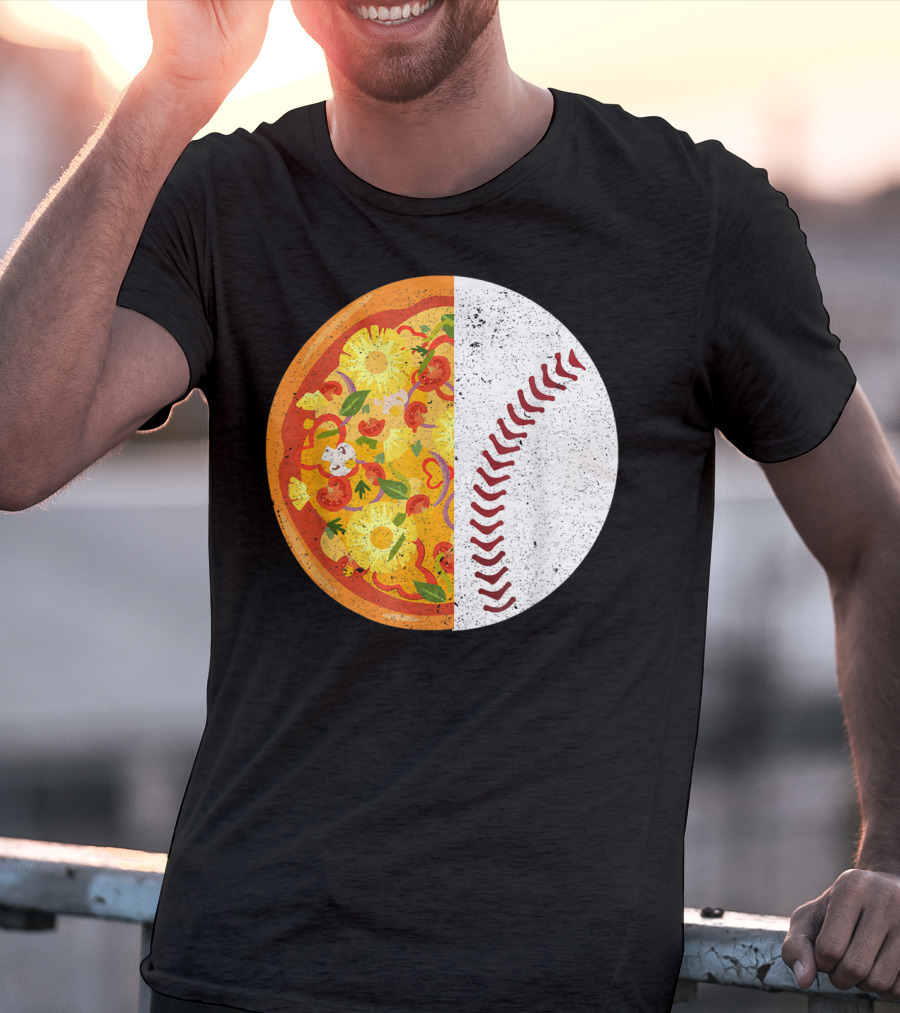 Funny Baseball Lover Eat Pizza Half Sport Pizza Baseball T-Shirt