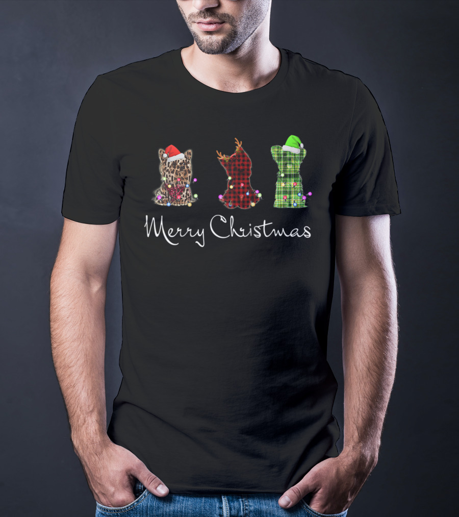 Merry Christmas Three Yorkshire Terriers Leopard Red Green Checkered T-Shirt