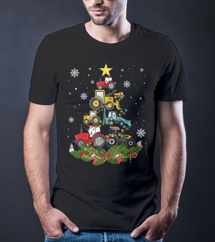 Tractor Christmas Tree Holiday Snowflakes Garland Star T-Shirt