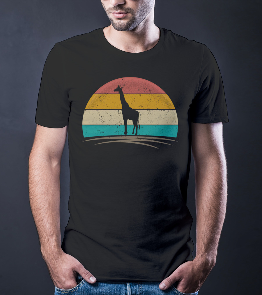 Vintage Giraffe Distressed Sunset Silhouette Giraffe Stripe Retro T-Shirt