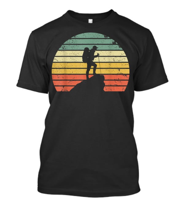 Retro Hiking Hiker Silhouette On Mountain Rock And Sunset Stripes T-Shirt