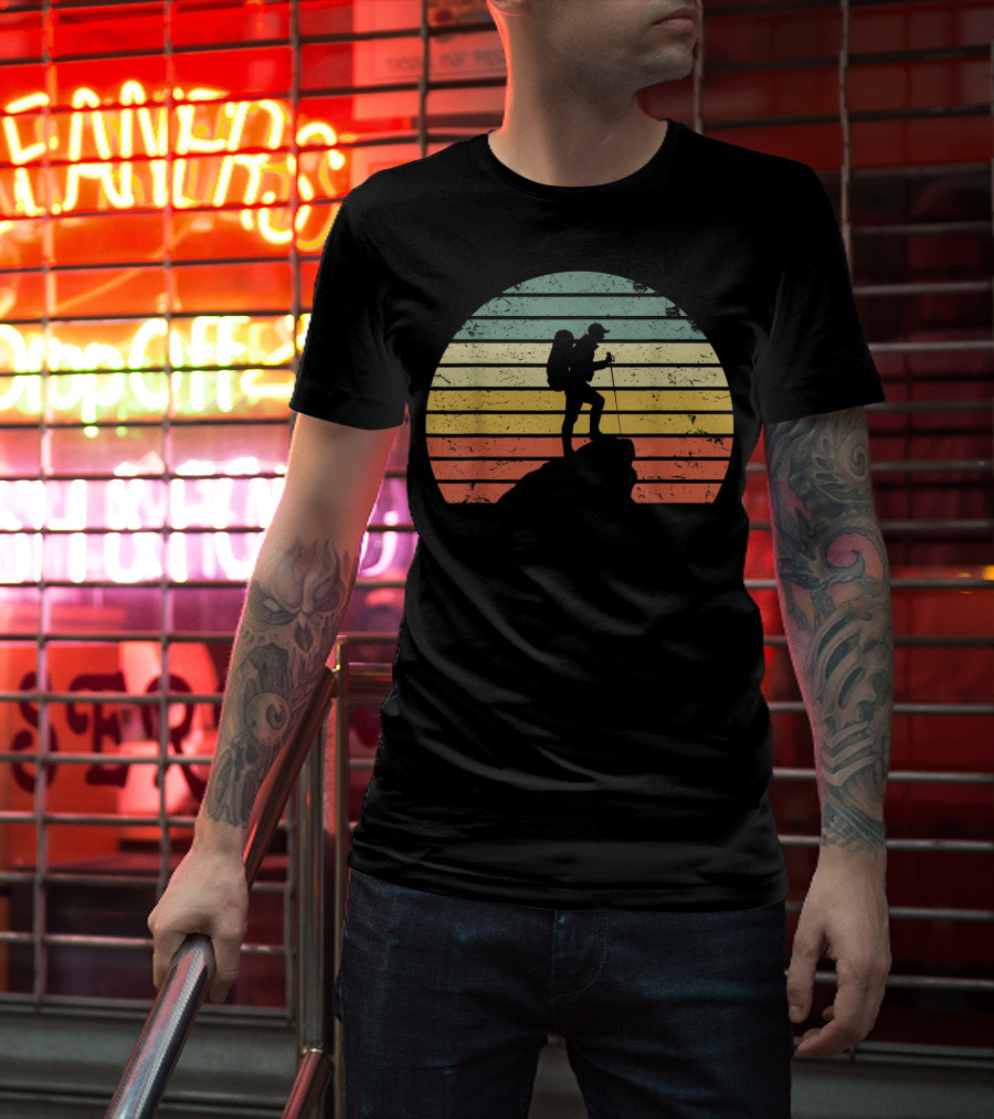 Retro Hiking Hiker Silhouette On Mountain Rock And Sunset Stripes T-Shirt