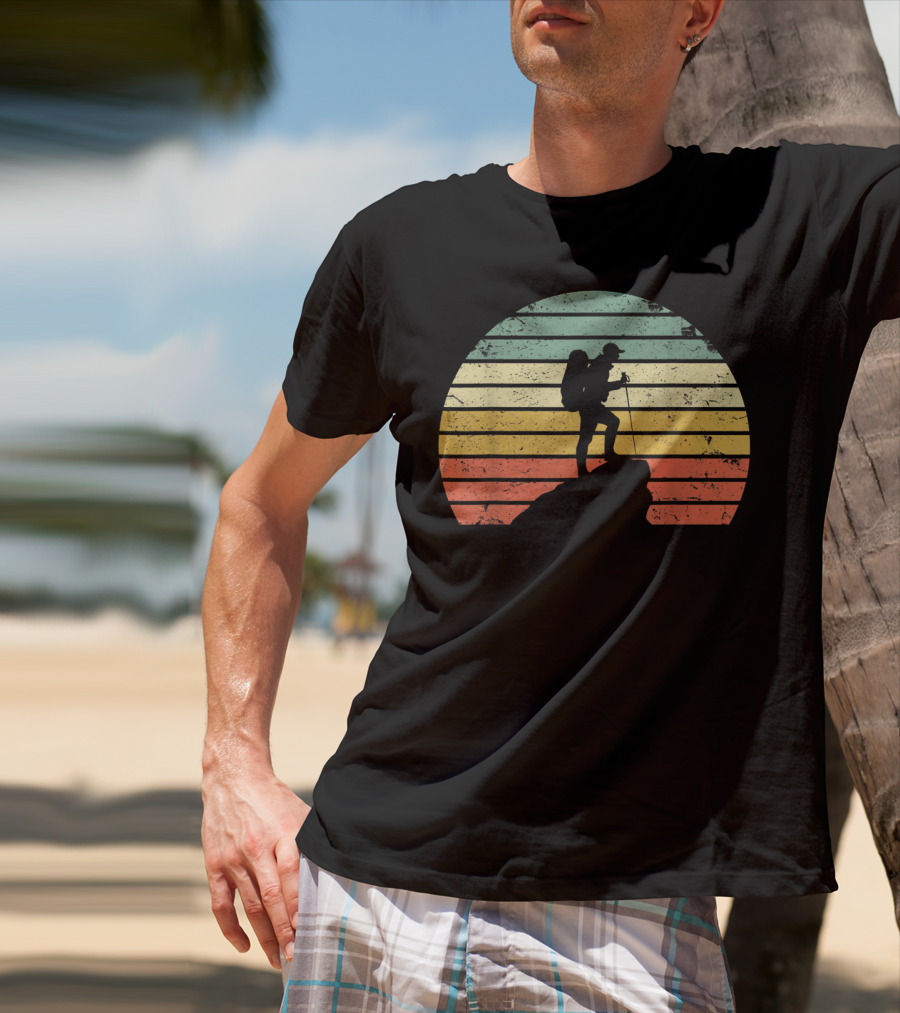 Retro Hiking Hiker Silhouette On Mountain Rock And Sunset Stripes T-Shirt