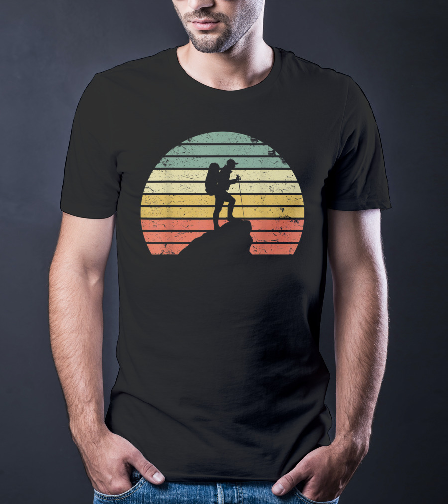 Retro Hiking Hiker Silhouette On Mountain Rock And Sunset Stripes T-Shirt