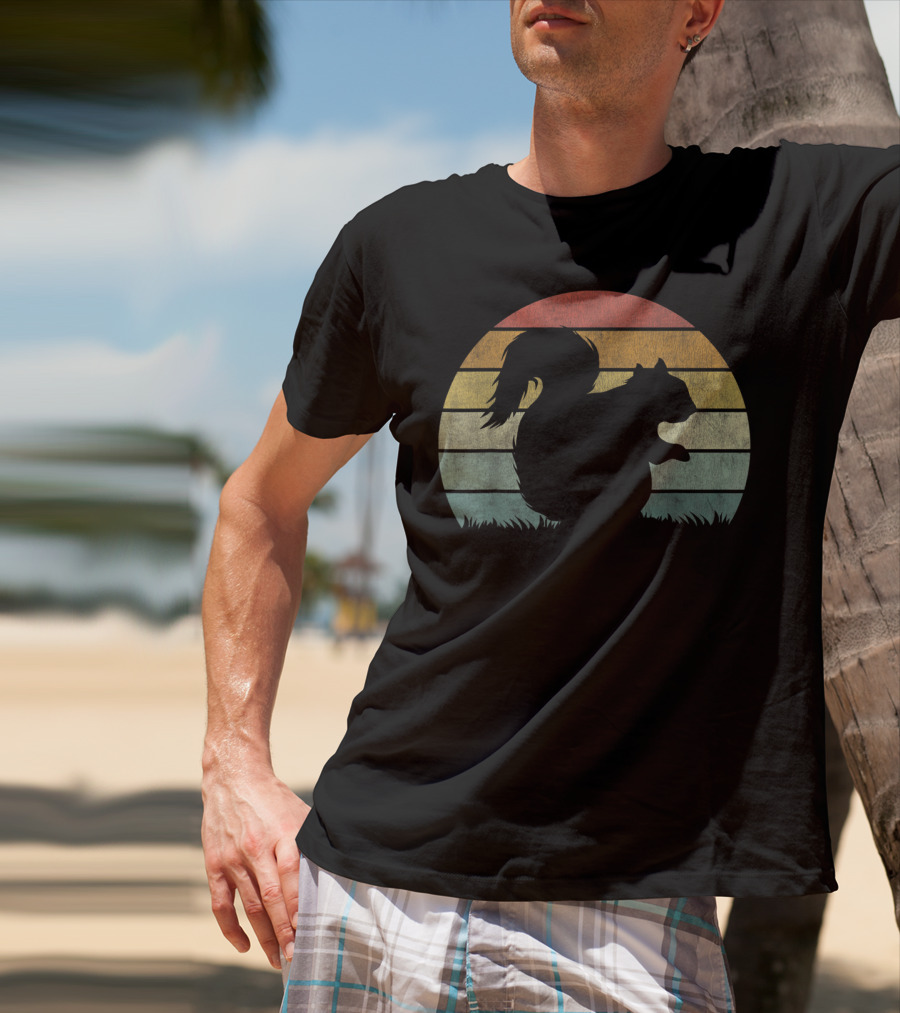 Vintage Sunset Squirrel Silhouette Stripes Retro Chestnut T-Shirt