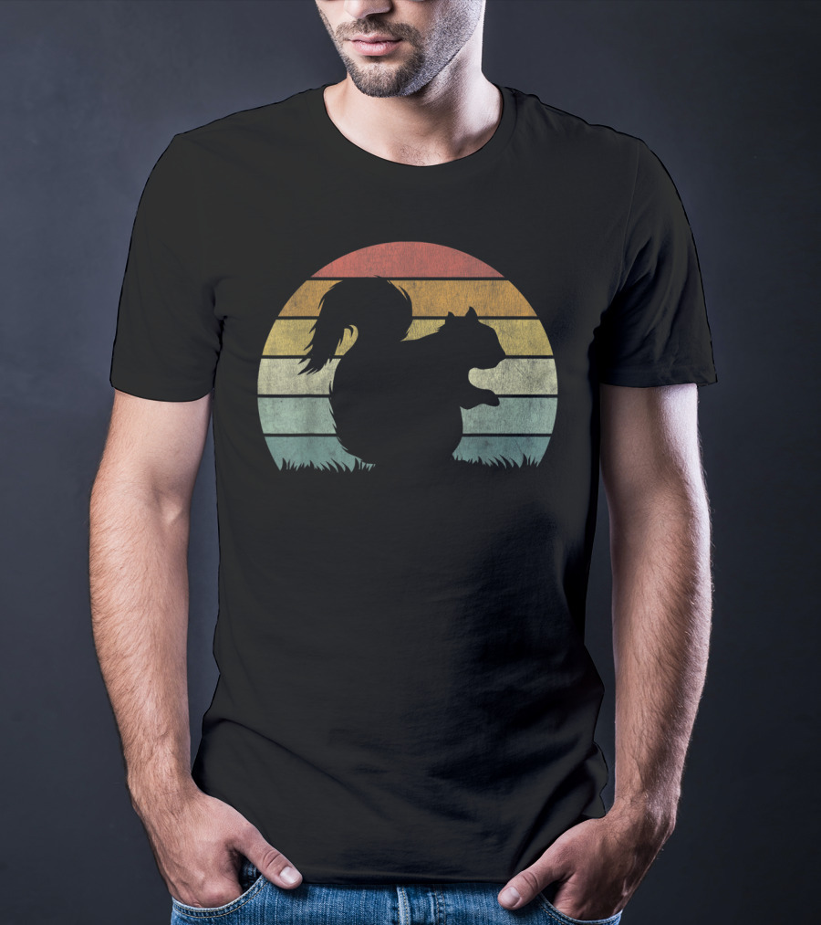 Vintage Sunset Squirrel Silhouette Stripes Retro Chestnut T-Shirt