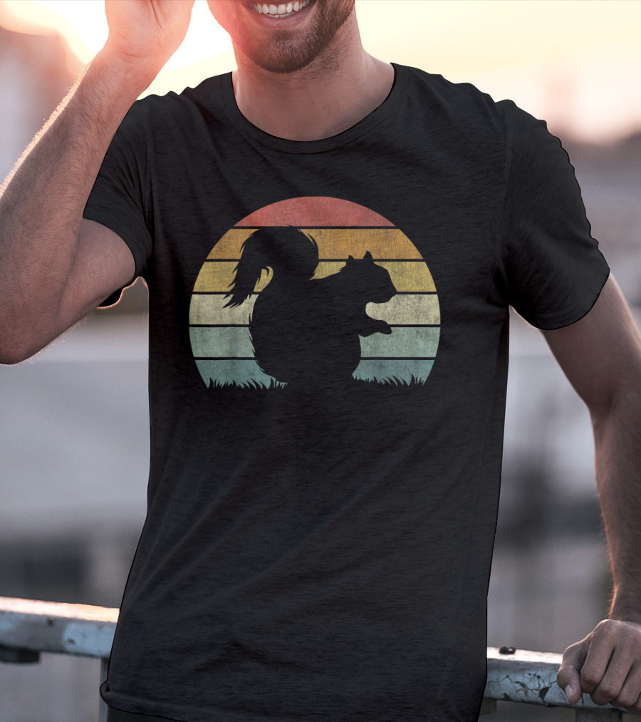 Vintage Sunset Squirrel Silhouette Stripes Retro Chestnut T-Shirt