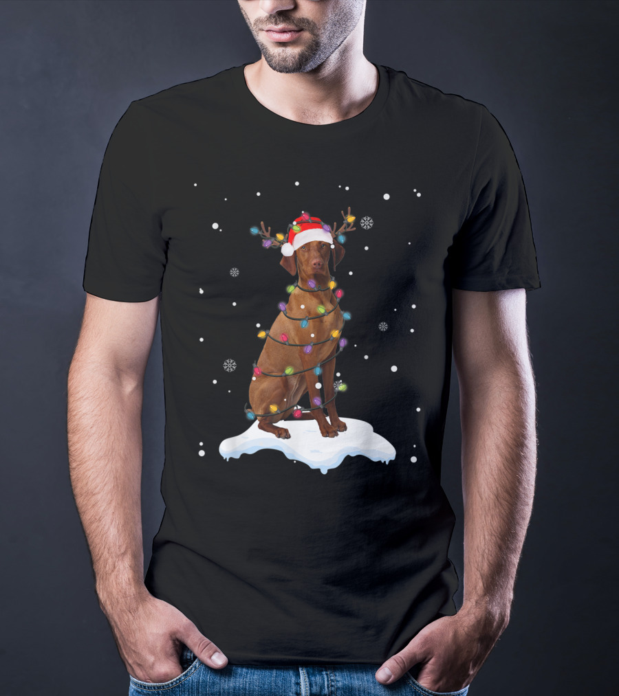Vizsla Wrapped In Christmas Lights With Santa Hat And Antlers In Snow T-Shirt