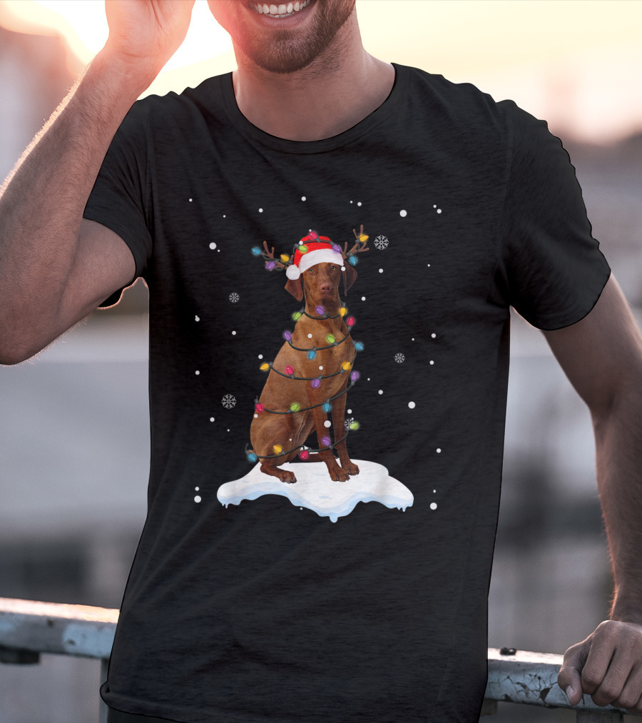 Vizsla Wrapped In Christmas Lights With Santa Hat And Antlers In Snow T-Shirt