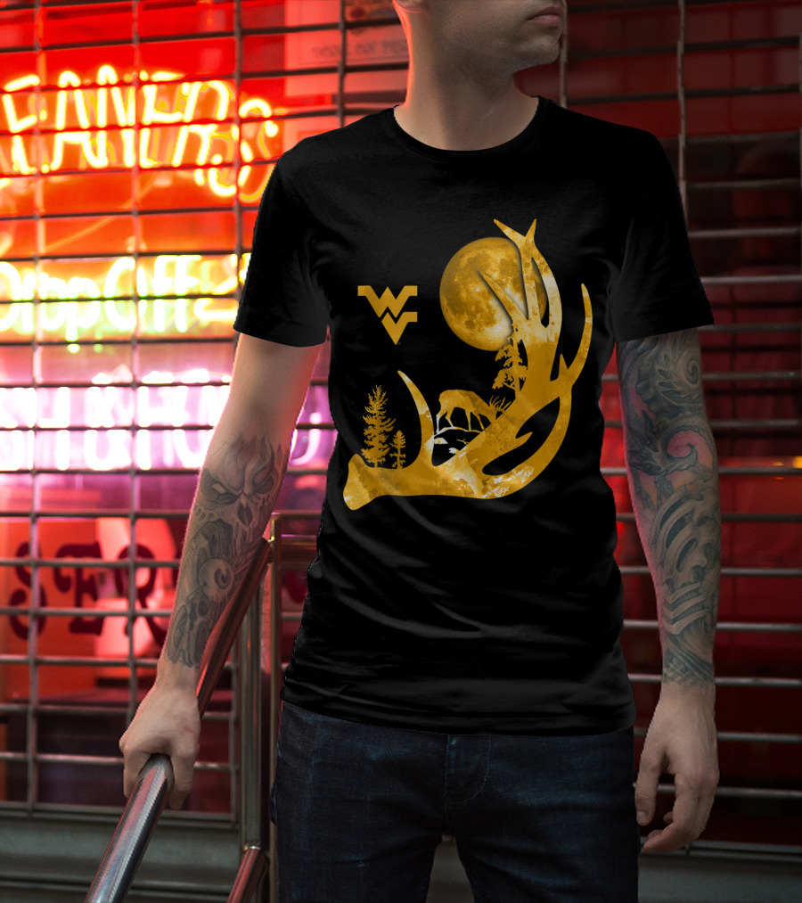 West Virginia Mountaineers Antler Moon Deer Silhouette Fan T-Shirt