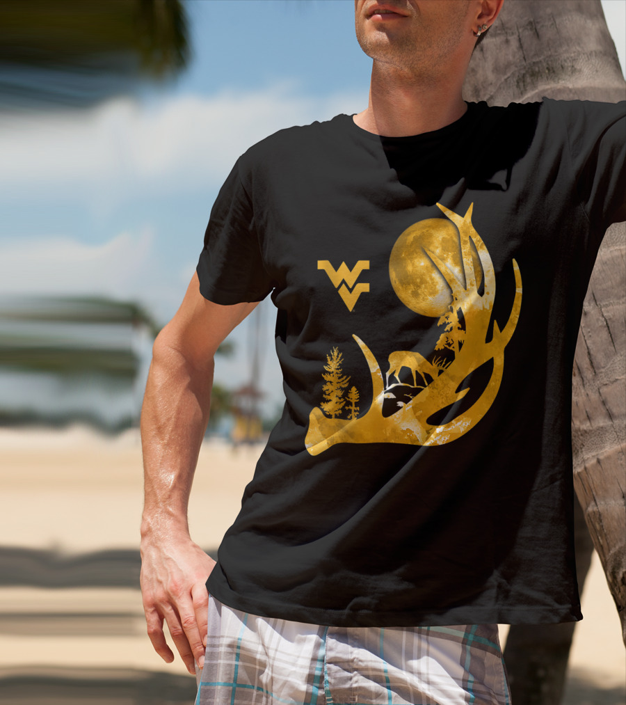 West Virginia Mountaineers Antler Moon Deer Silhouette Fan T-Shirt